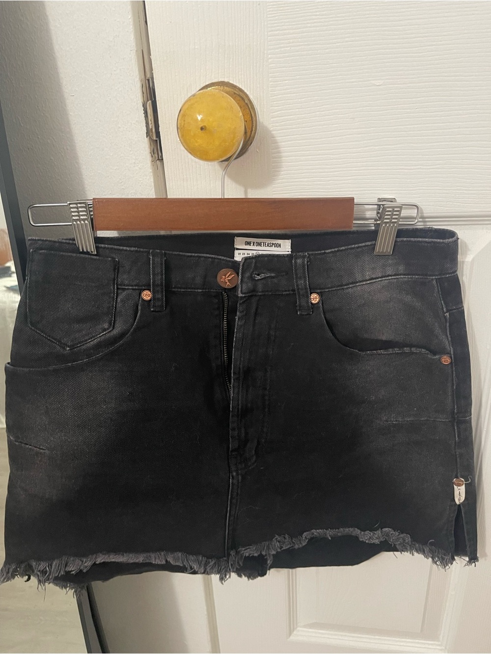One Teaspoon Black Frayed Hem Denim Mini Skirt
